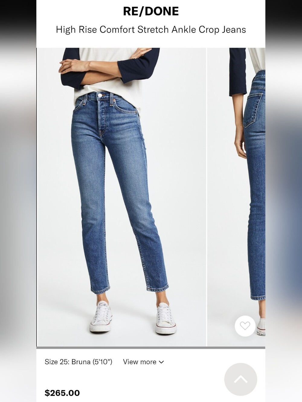 RE/DONE High Rise Comfort Stretch Ankle Crop Jeans in Mid 70s• Size 24